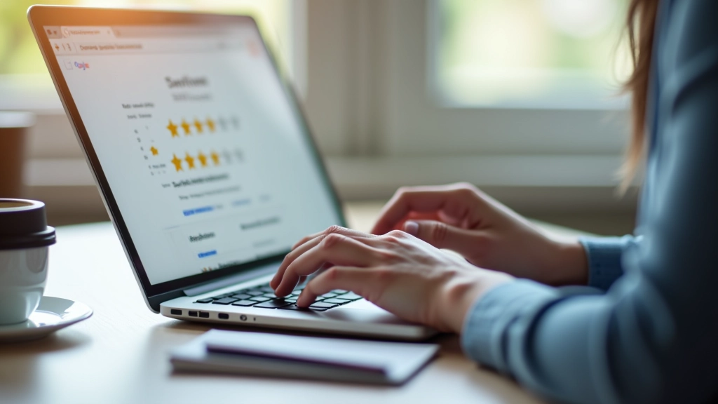 Customer reviews being typed on computer with positive testimonials visible on Google Business Profile
