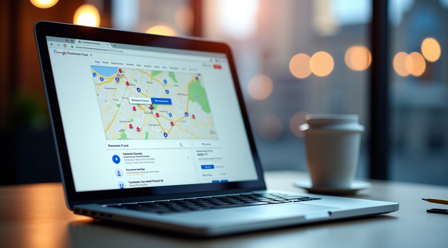 Laptop showing Google Business Profile dashboard with local map results and Montreal location data